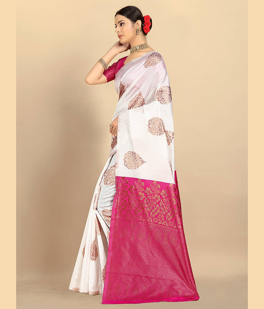 BLEESBURY Banarasi Silk Woven Saree With Unstitched Blouse Piece ( White ) view 2