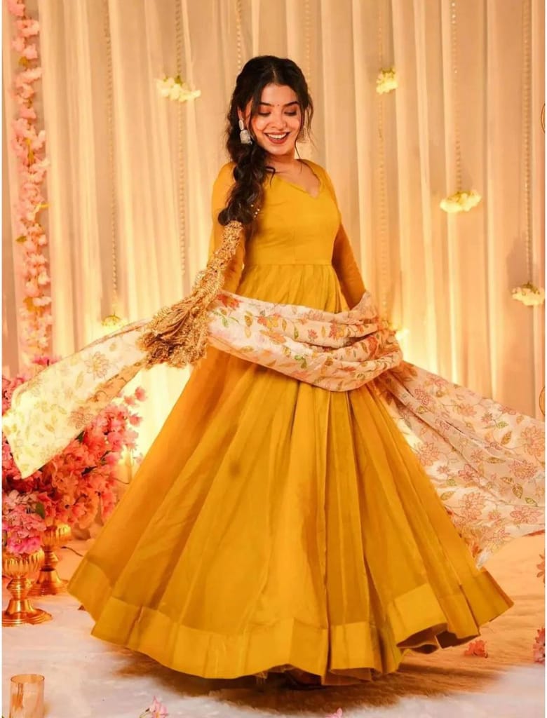 Mustard Yellow Georgette Anarkali Gown with Floral Embroidered Dupatta