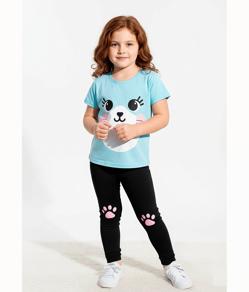 CUTEVIBE Pack of 1 Baby Girls 100% Cotton T-shirt & Pants ( Light Blue )