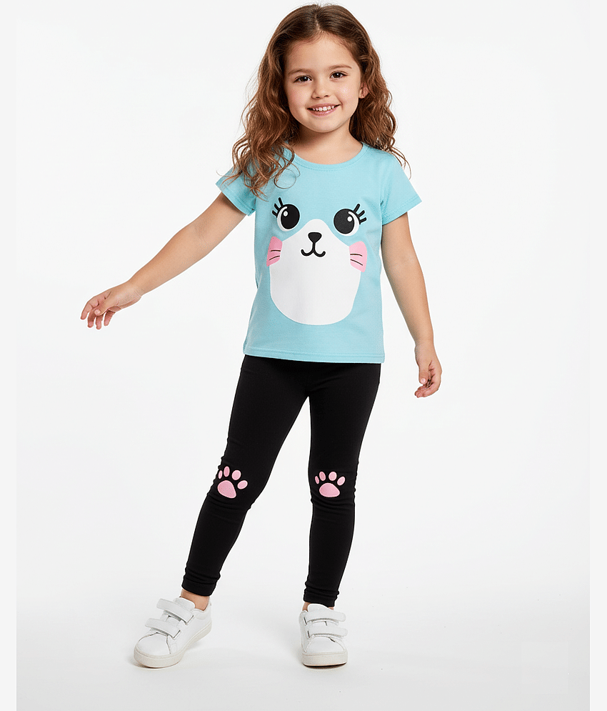 CUTEVIBE Pack of 1 Baby Girls 100% Cotton T-shirt & Pants ( Light Blue ) view 2