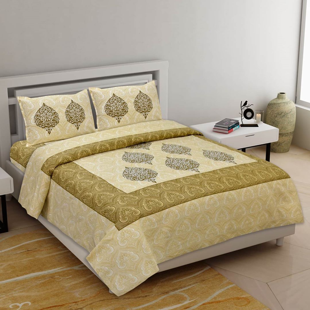 Lali Prints Olive Green Ethnic Motifs Cotton 130 TC Queen Bedsheet 2 Pillow Covers