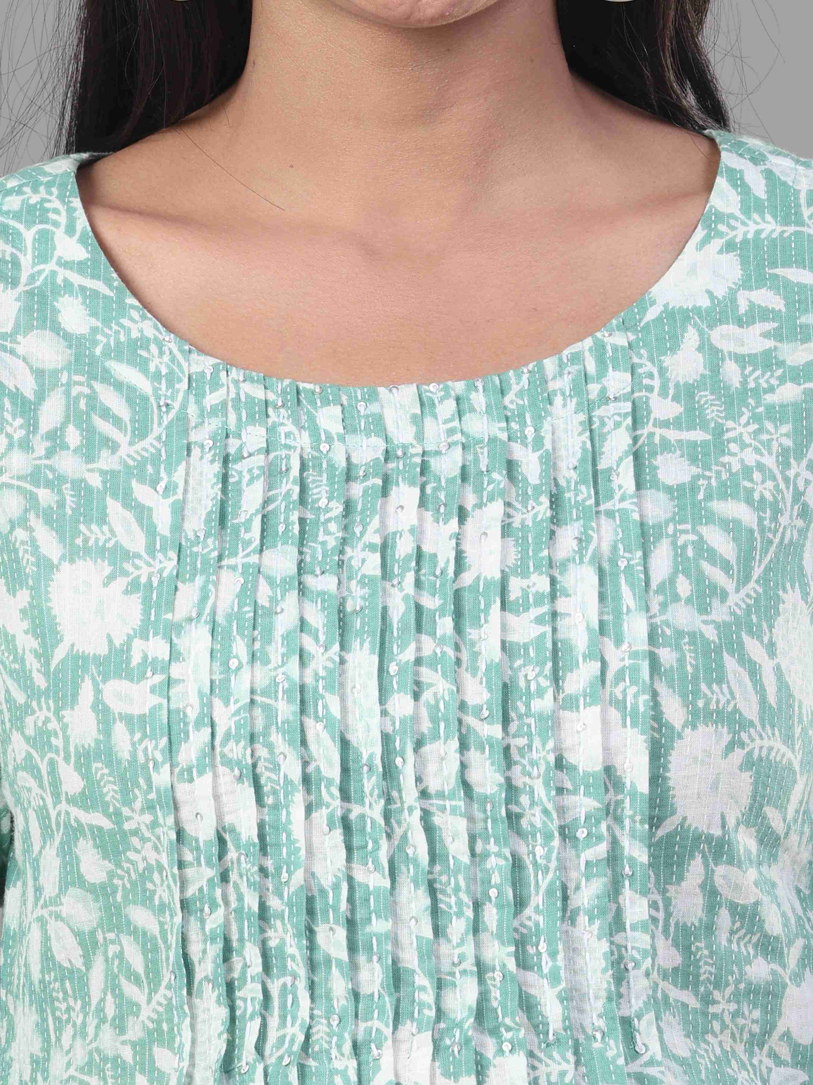 Mint Green Pure Cotton Katha Printed Kurti With Sequins Work view 2