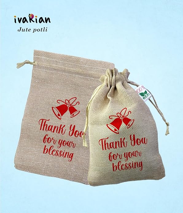 IVARIAN-Jute Potli Bag, Occasion Gifting Bag, Return Gifting Bag (10X14Cm Set Of 50, Wedding Christian),Beige view 2
