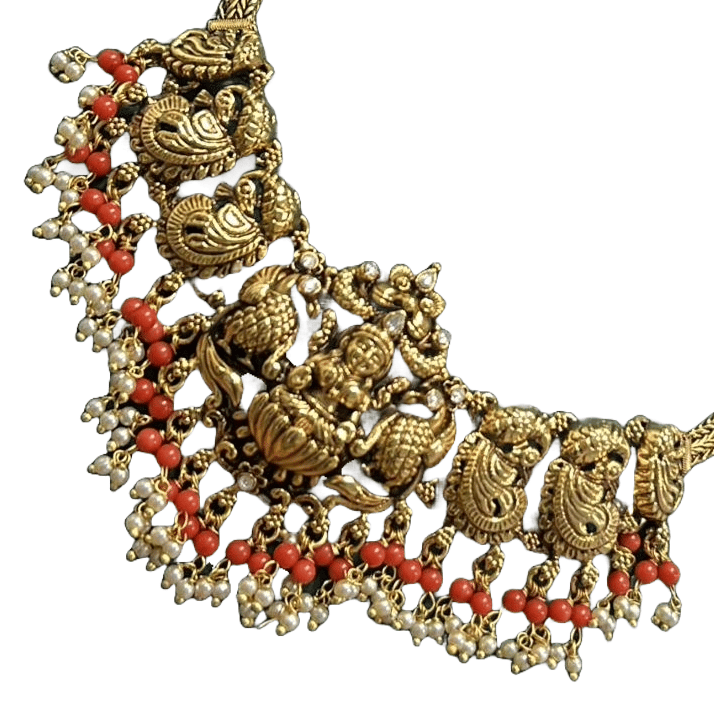 Gold-plated antique finish necklace set with kundan and pearl drops view 2
