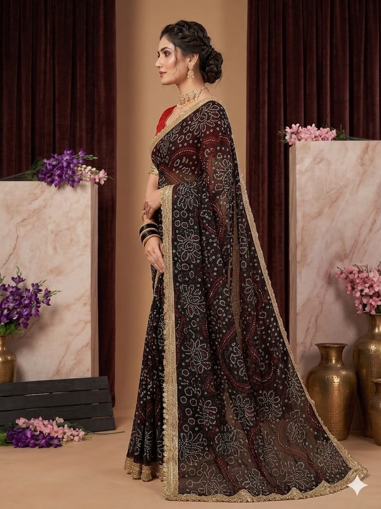 Kavya Bandhani Printed Saree with Fancy Lace Border and Art Silk Blouse view 2