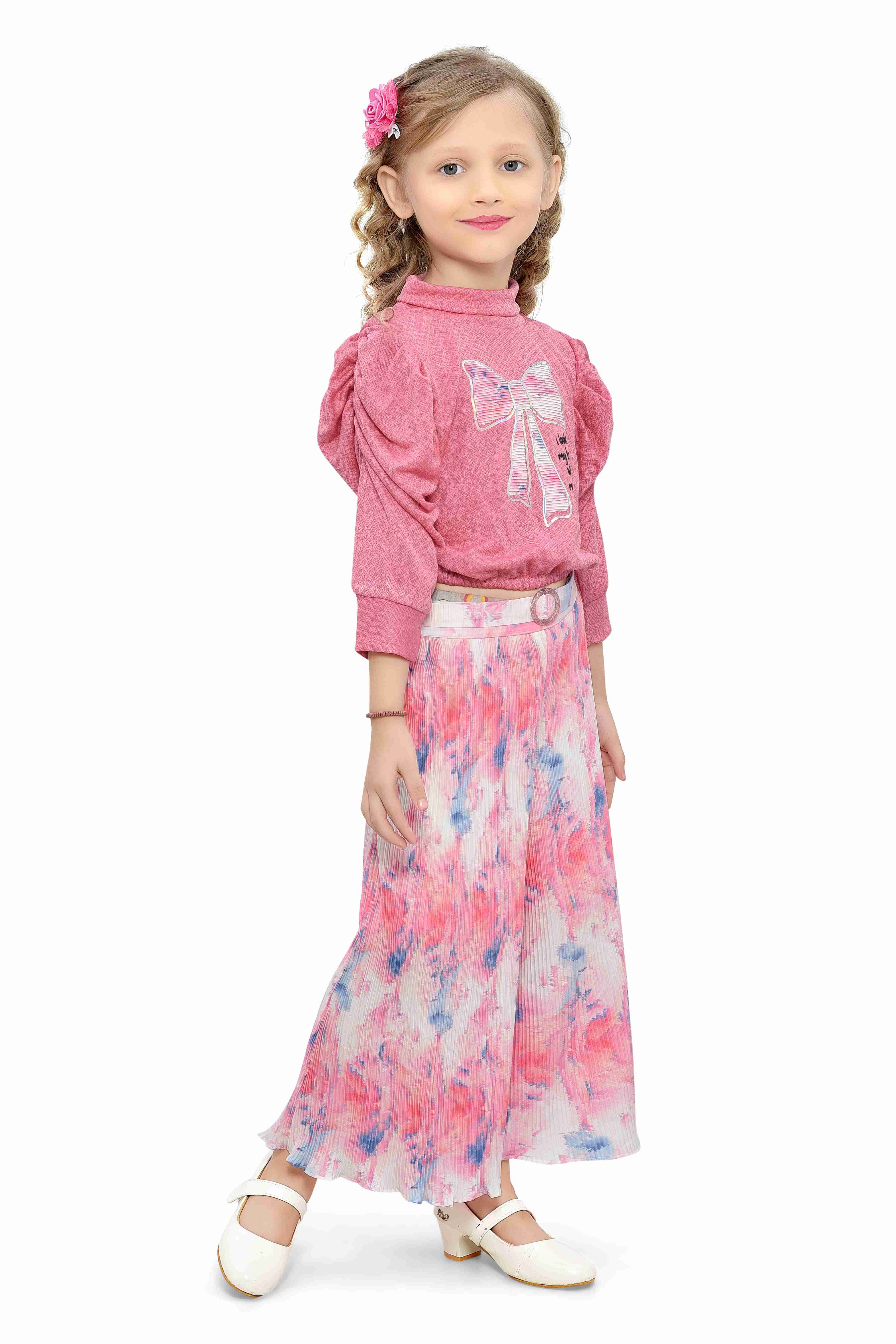 Be:Kids Pink Puff-Sleeve Top and Floral Wide-Leg Pants Set for Girls view 2