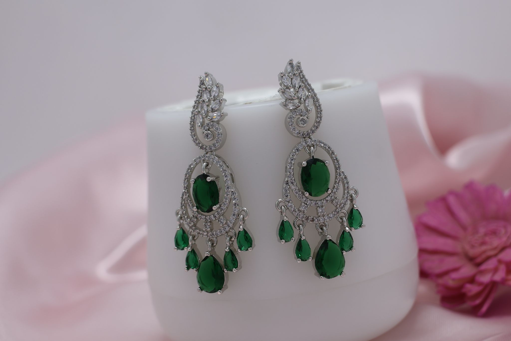 Elegant Silver Plated Emerald Green Zirconia Drop Earrings for Women