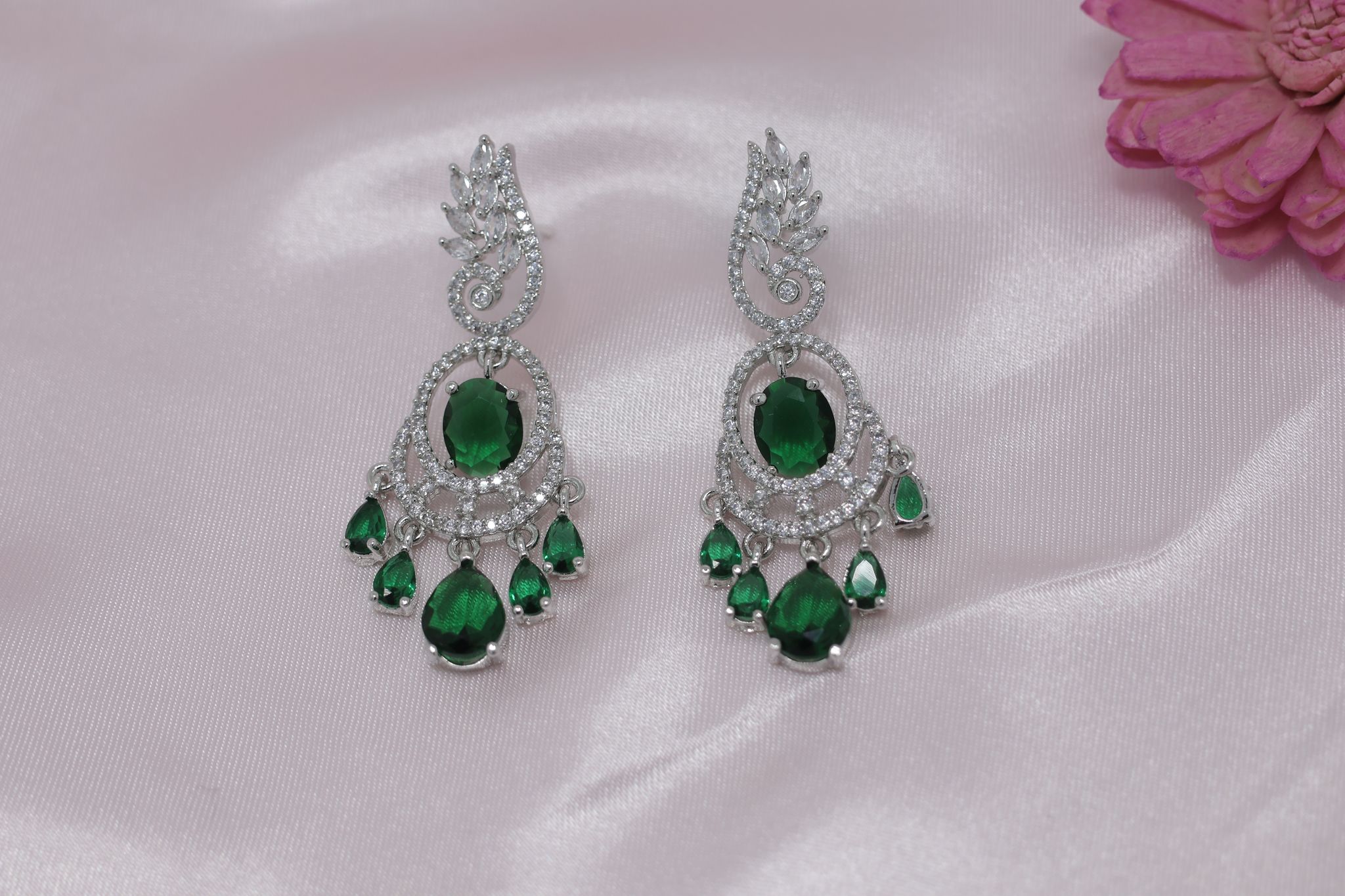 Elegant Silver Plated Emerald Green Zirconia Drop Earrings for Women view 2