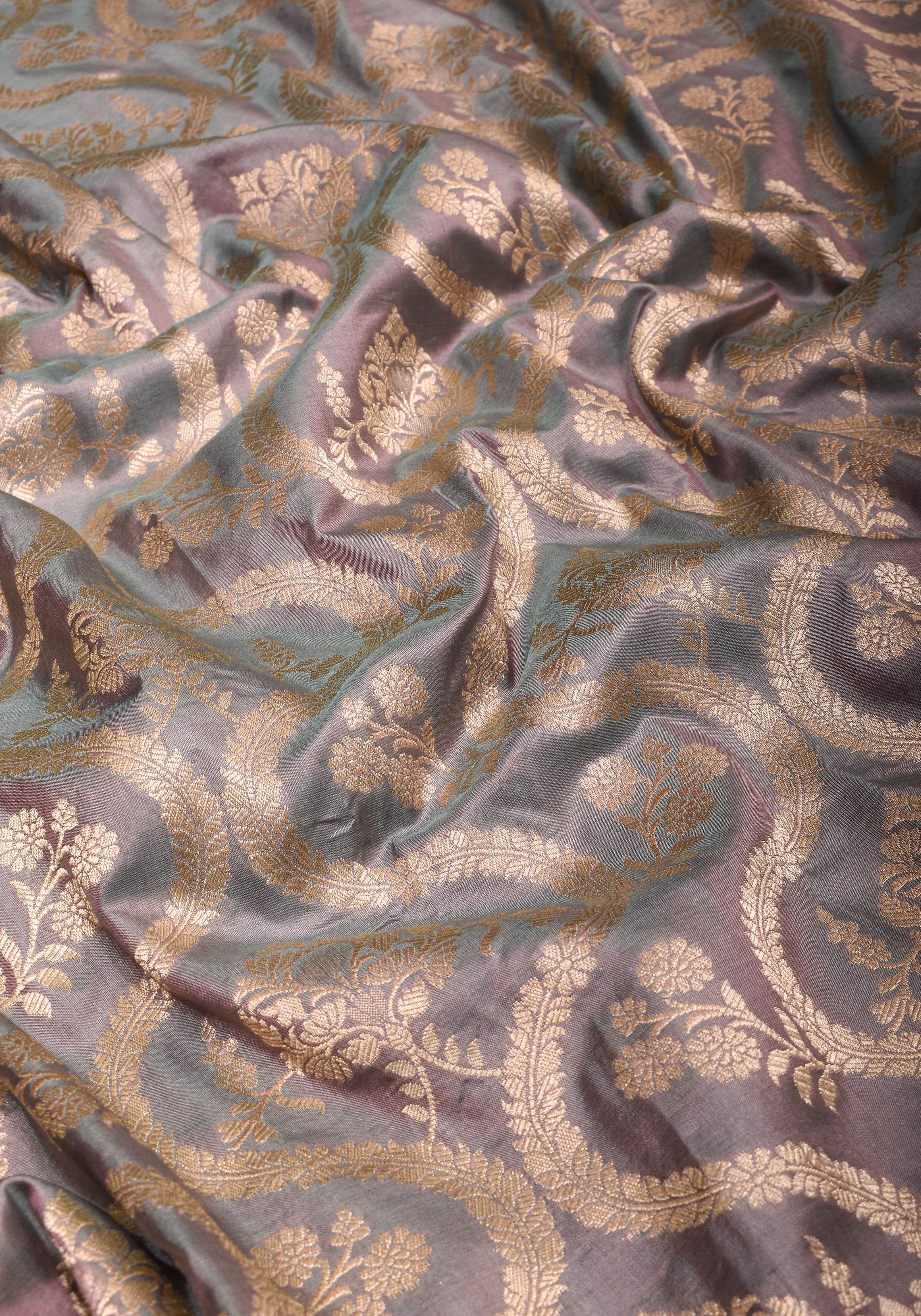 Gray Dual tone Pure Katan Silk Banarasi Saree with floral Jaal Zari weave |SILK MARK CERTIFIED view 2