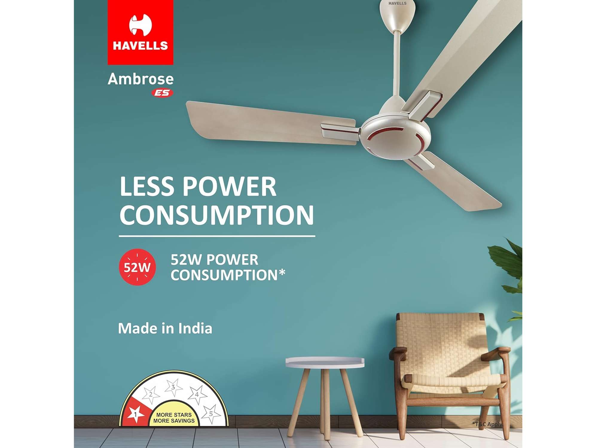 Havells Ambrose 1200mm Energy-Saving High-Speed Ceiling Fan, Cola Espresso - Gold Mist Wood view 2