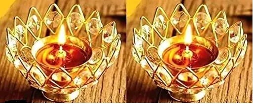 Brass with Crystal Lotus Diya for Home and Diwali Decoration Combo Set of 2 Pc view 2