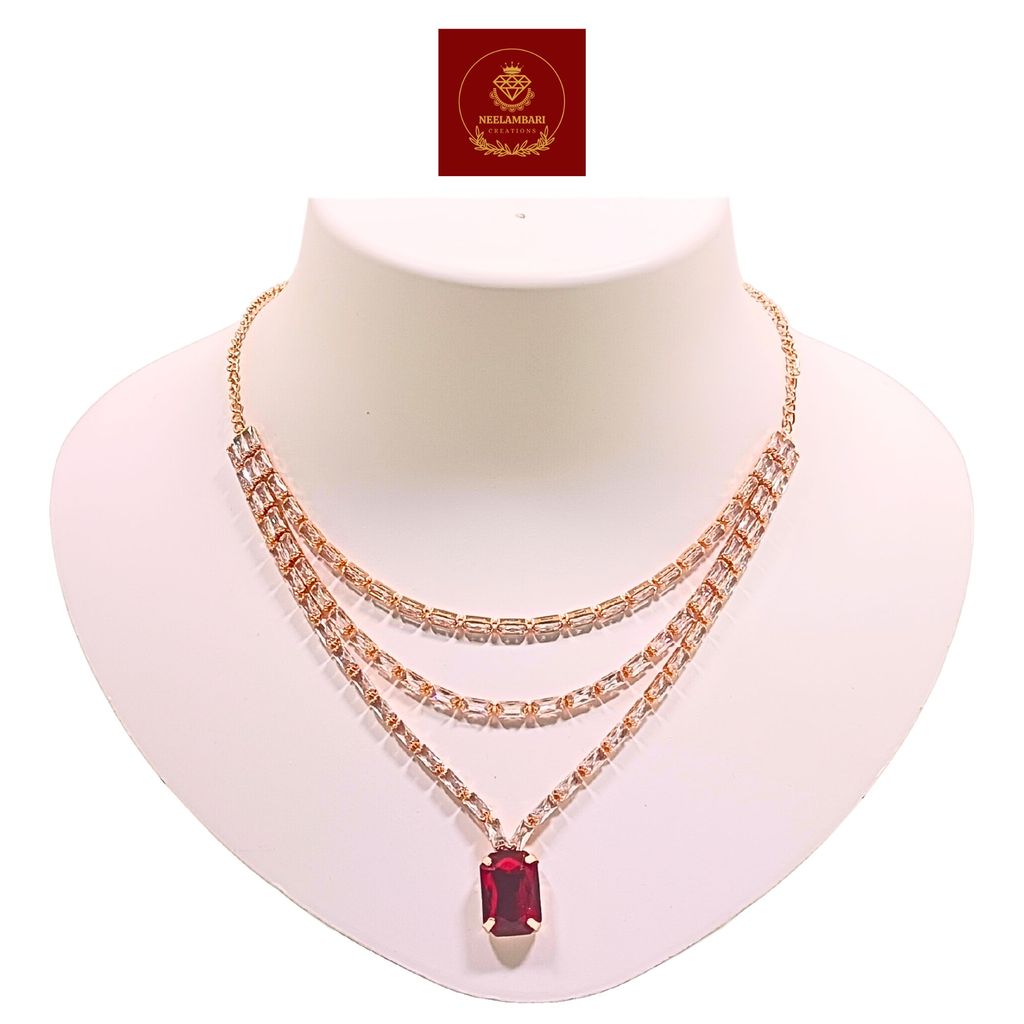 Jia Luxury Handcrafted Rose Gold Plated Necklace Set with Earrings, Red Gemstones view 2