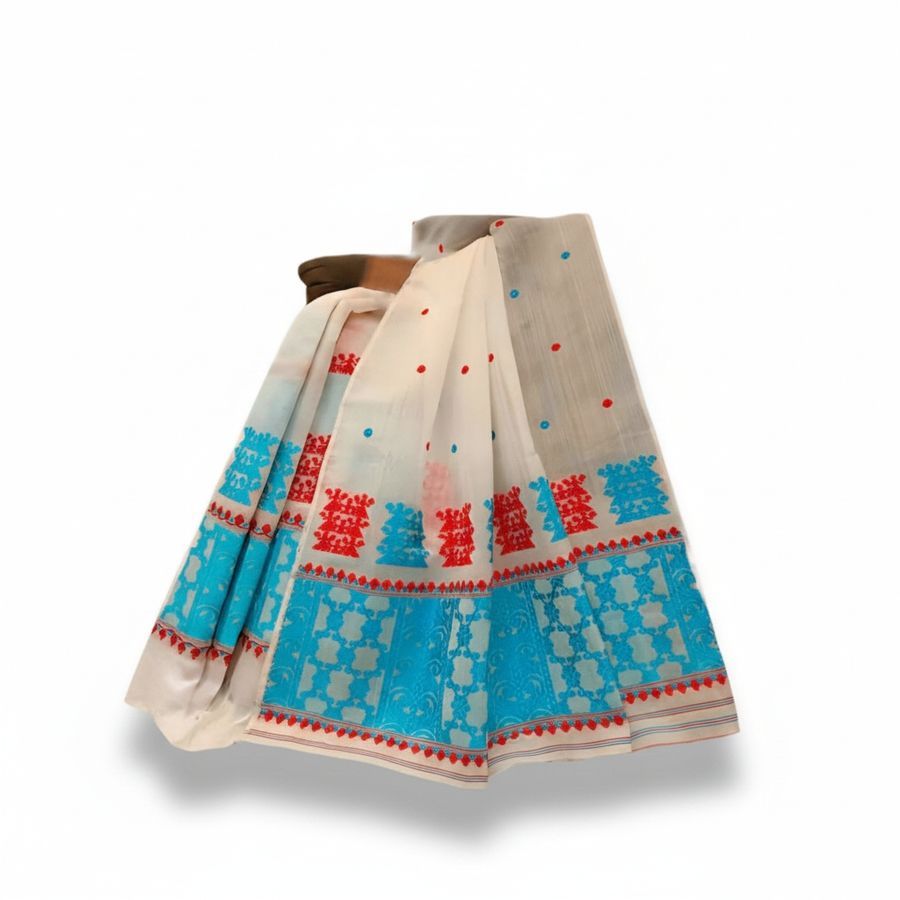 Traditional Woven Saree with Red and Blue Motifs view 2
