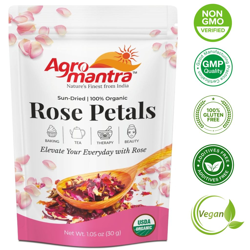 Agro Mantra Organic Dried Rose Petals, Edible Rose Petals for Tea, 100% Sun Dried Edible Flowers for Baking, Bath & Skincare - Vegan, Non-GMO - 30g view 2