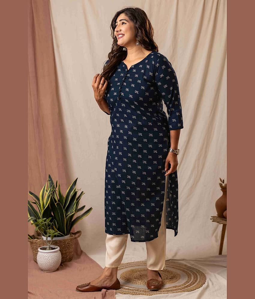 AMTHI Women Cotton Self Design A-line Kurti ( Navy Blue ) view 2