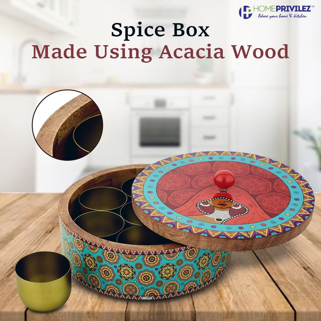 "Classic" Wooden Spice Box/Masala Dabba Set with Seven Golden Spice Jars (8 Pcs set) view 2