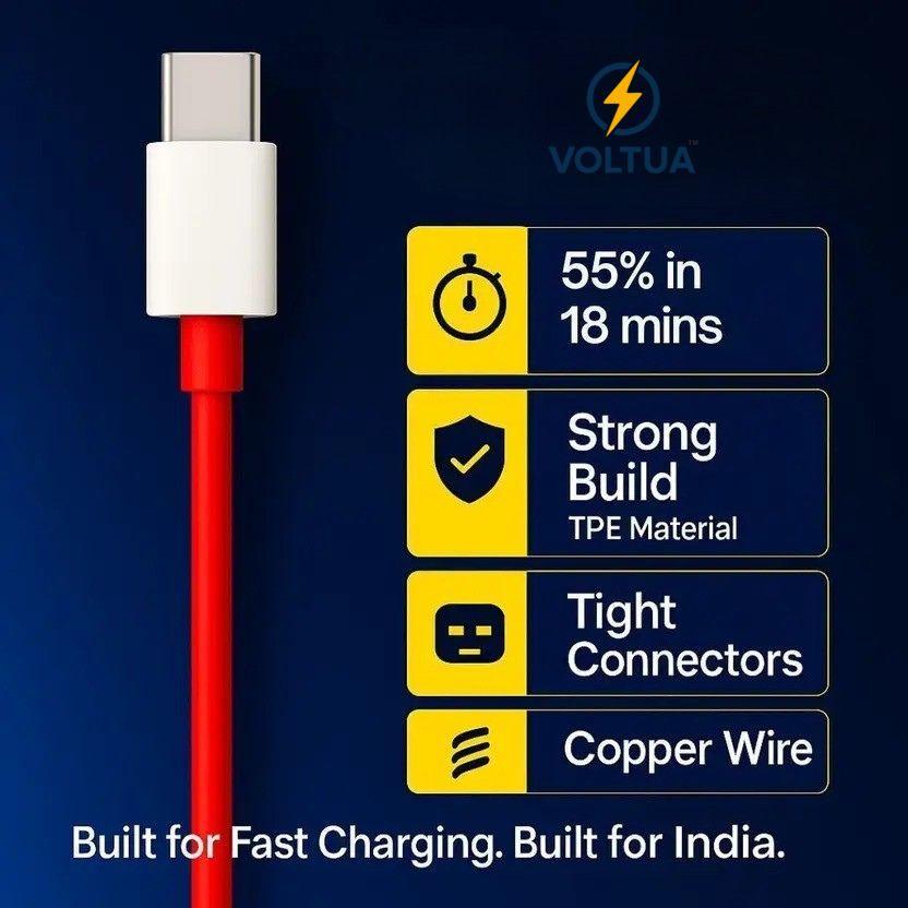 Voltua USB-A to Type-C Fast Charging Cable | 80W Warp/Dash, 1M, Red view 2