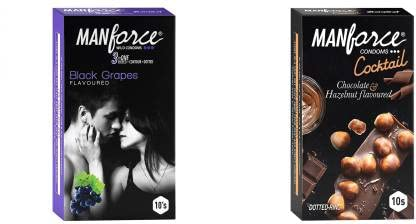 MANFORCE 3 in 1 (Ribbed Contour Dotted) Wild Black Grapes Flavoured Condoms- 10 Pieces & Cocktail Condoms with Dotted-Rings Hazelnut & Chocolate Flavoured- 10 Pieces Condom (Set of 2 20 Sheets) view 2
