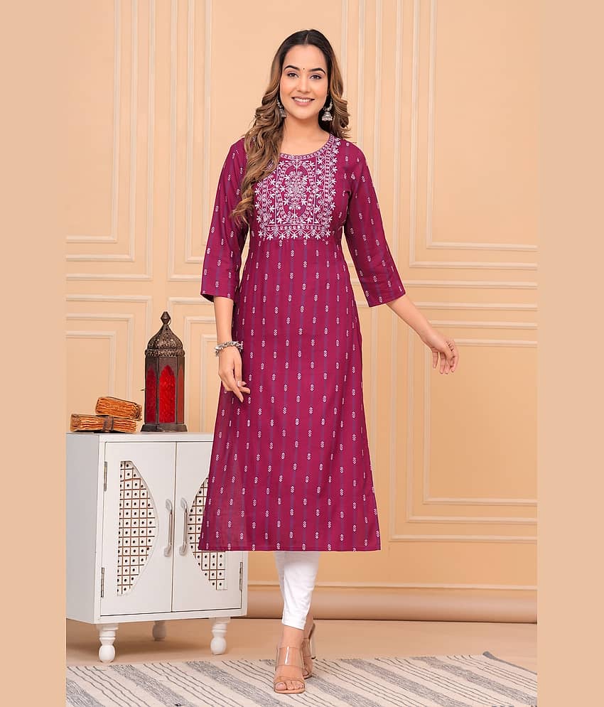 GlowWorld Rayon Embroidered Straight Women's Kurti - Maroon ( Pack of 1 )