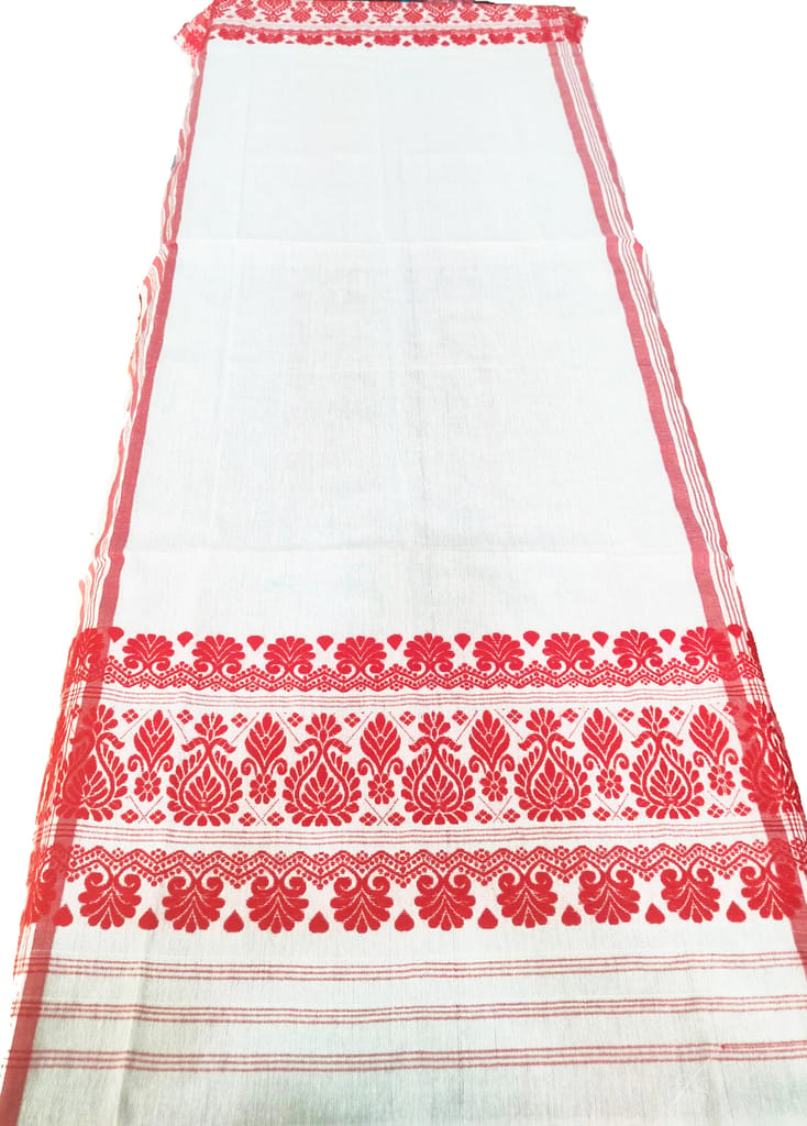 Assamese Traditional Gamosa Set – White with Red Woven Motifs view 2