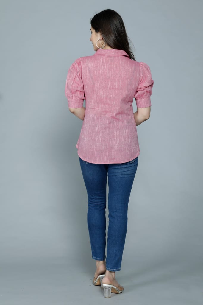 Women's Casual Solid Pink Shirt With Puff Sleeves view 2