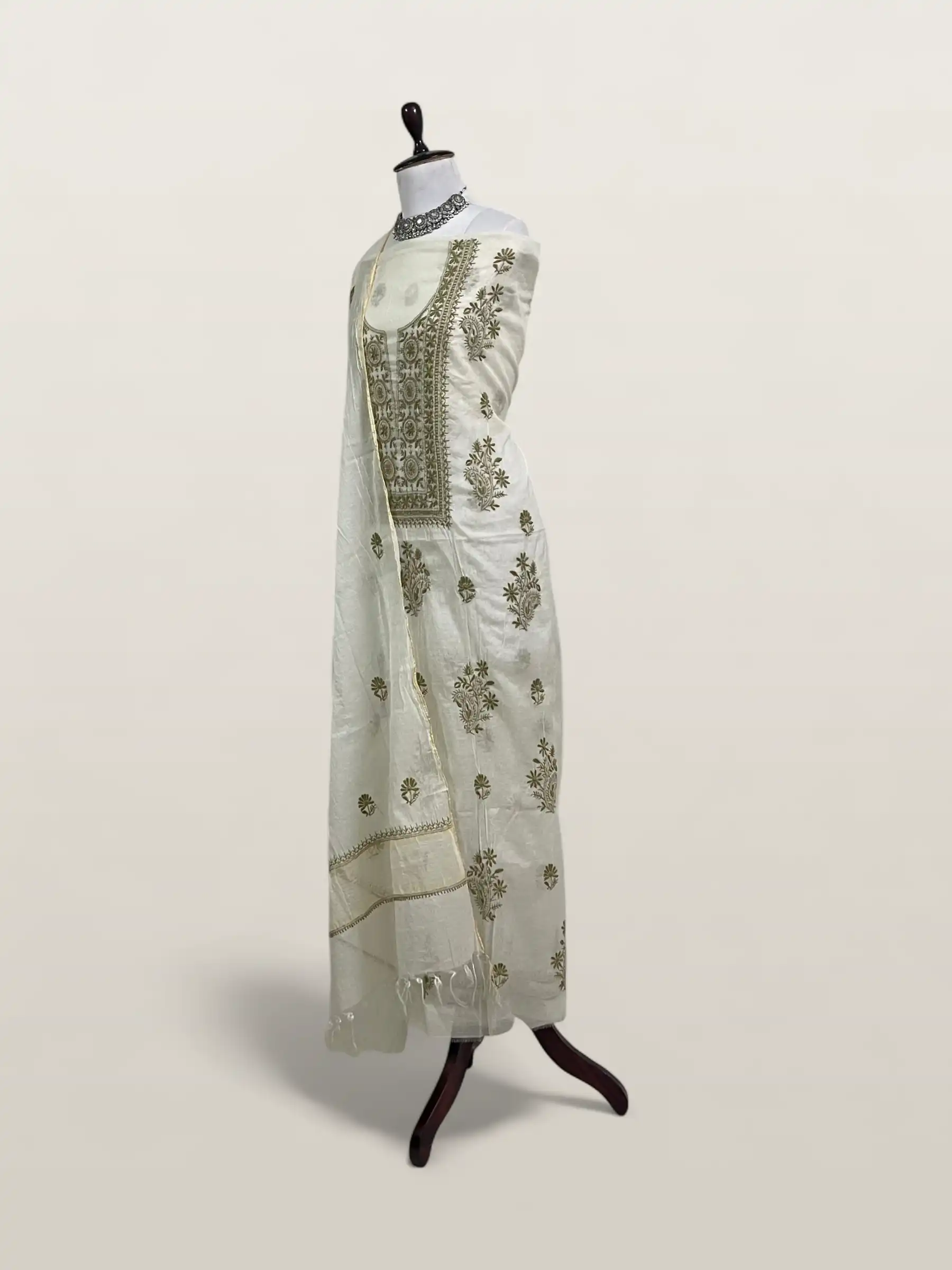 Chikankari Mul Chanderi Dress Material Ivory Green Floral view 2