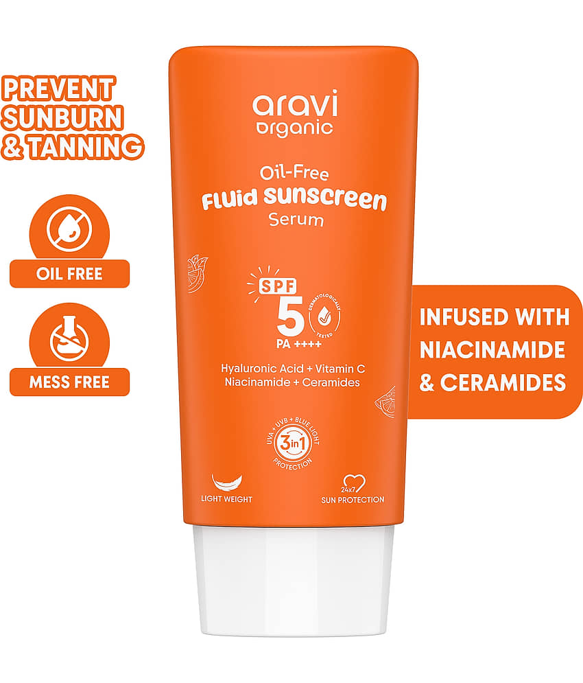 Aravi Organic Sunscreen SPF 50 PA++++ Oil,Free Fluid Sunscreen Serum Hyaluronic Acid Vitamin C ,50ml