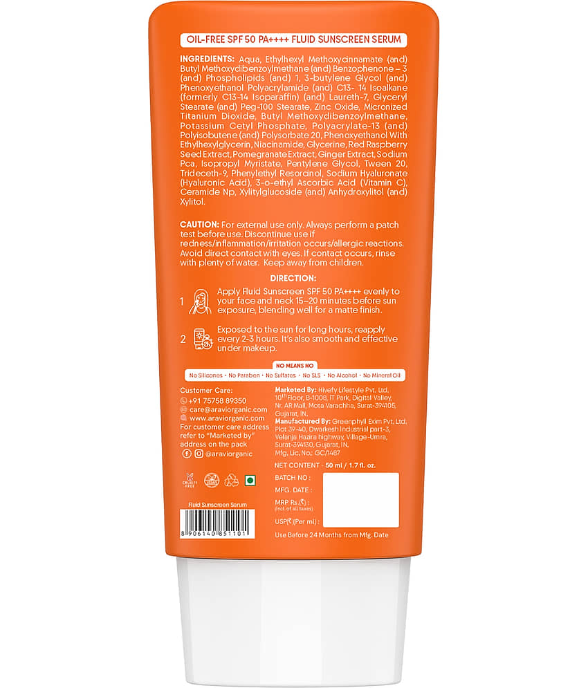 Aravi Organic Sunscreen SPF 50 PA++++ Oil,Free Fluid Sunscreen Serum Hyaluronic Acid Vitamin C ,50ml view 2