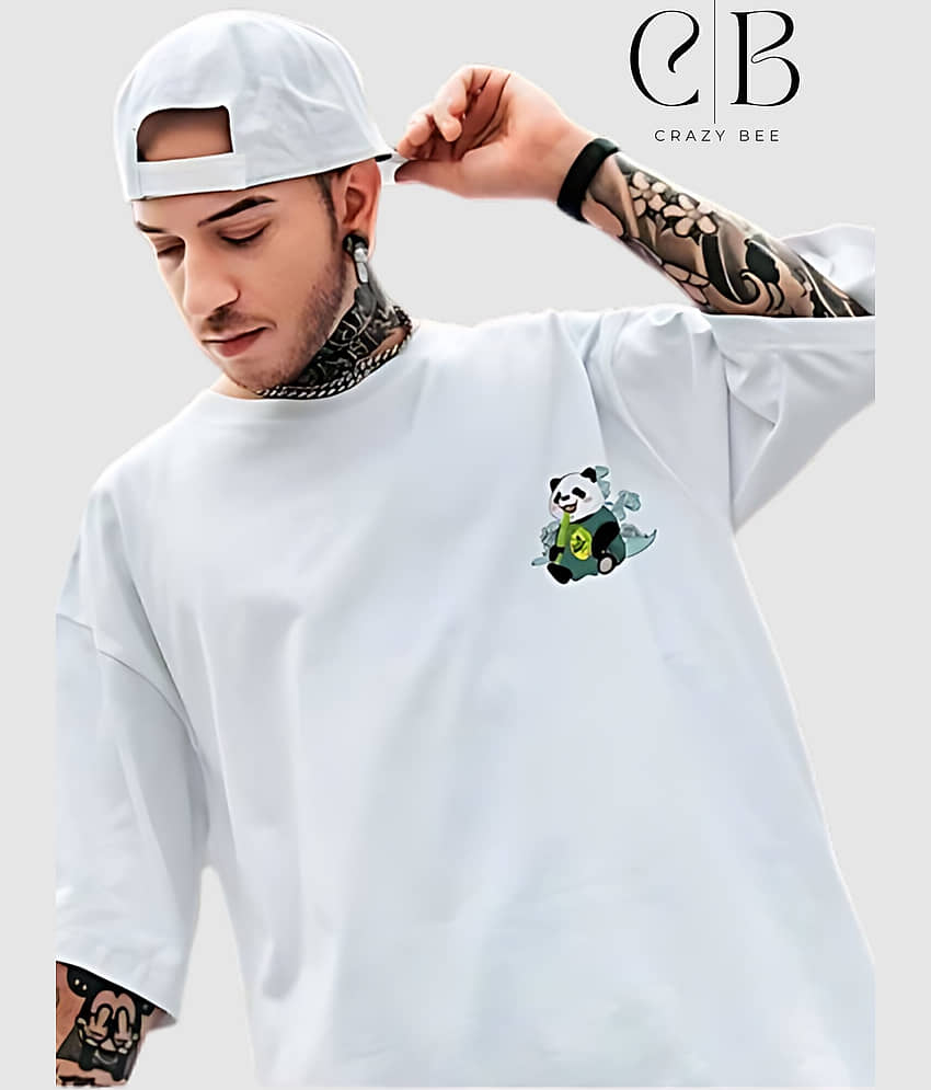 CrazyBee Men Cotton Blend Oversized Fit Printed T-Shirt ( White ) view 2