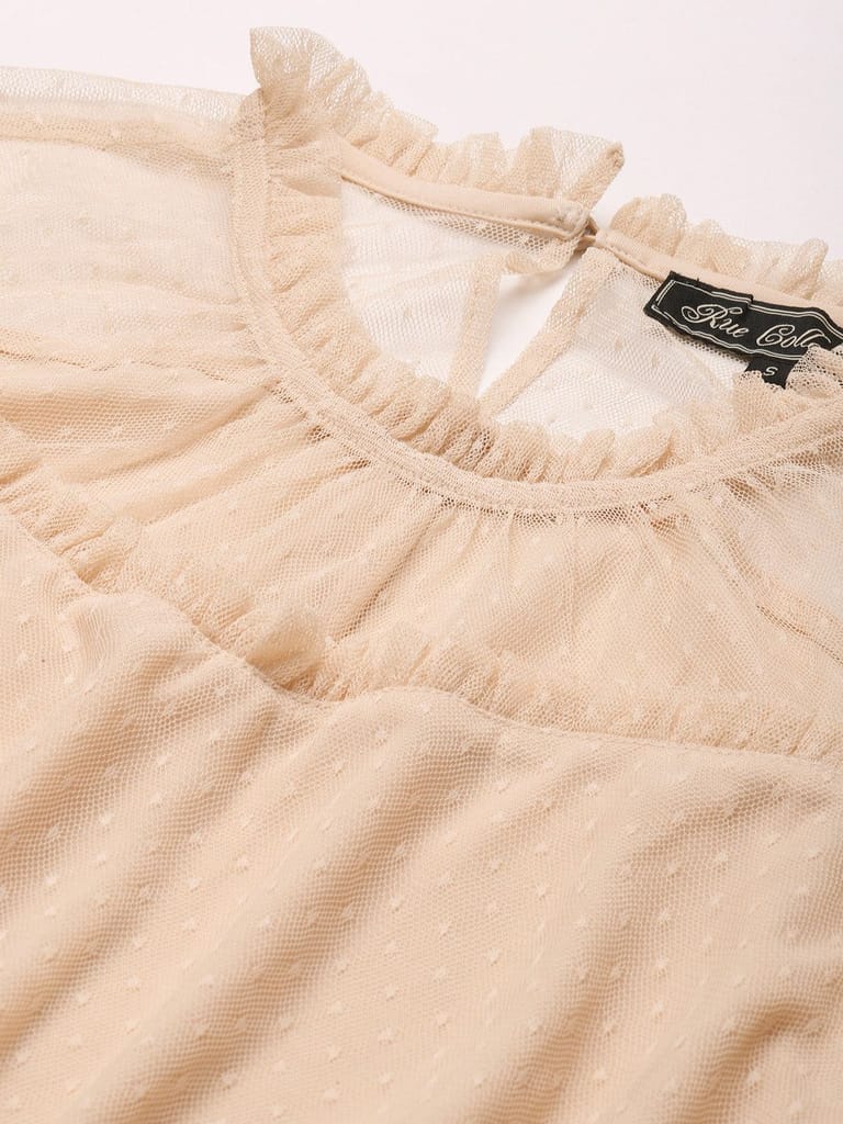 Women Peach-Coloured Dobby Weave Net Midi Dress view 2
