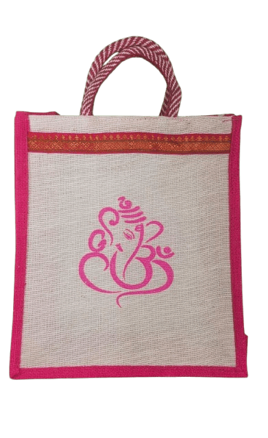 Buy Pink and White Printed Ganesha Design Jute Bag Online at Best Price view 2