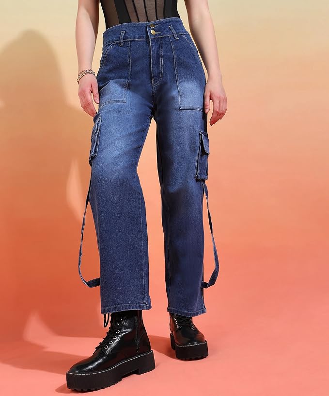 Glossia Fashion Women Cargo Jeans | High Waist Stretchable Wide Leg Straight Fit Denim| Boyfriend Jeans for Women - Denim Blue, 28 view 2