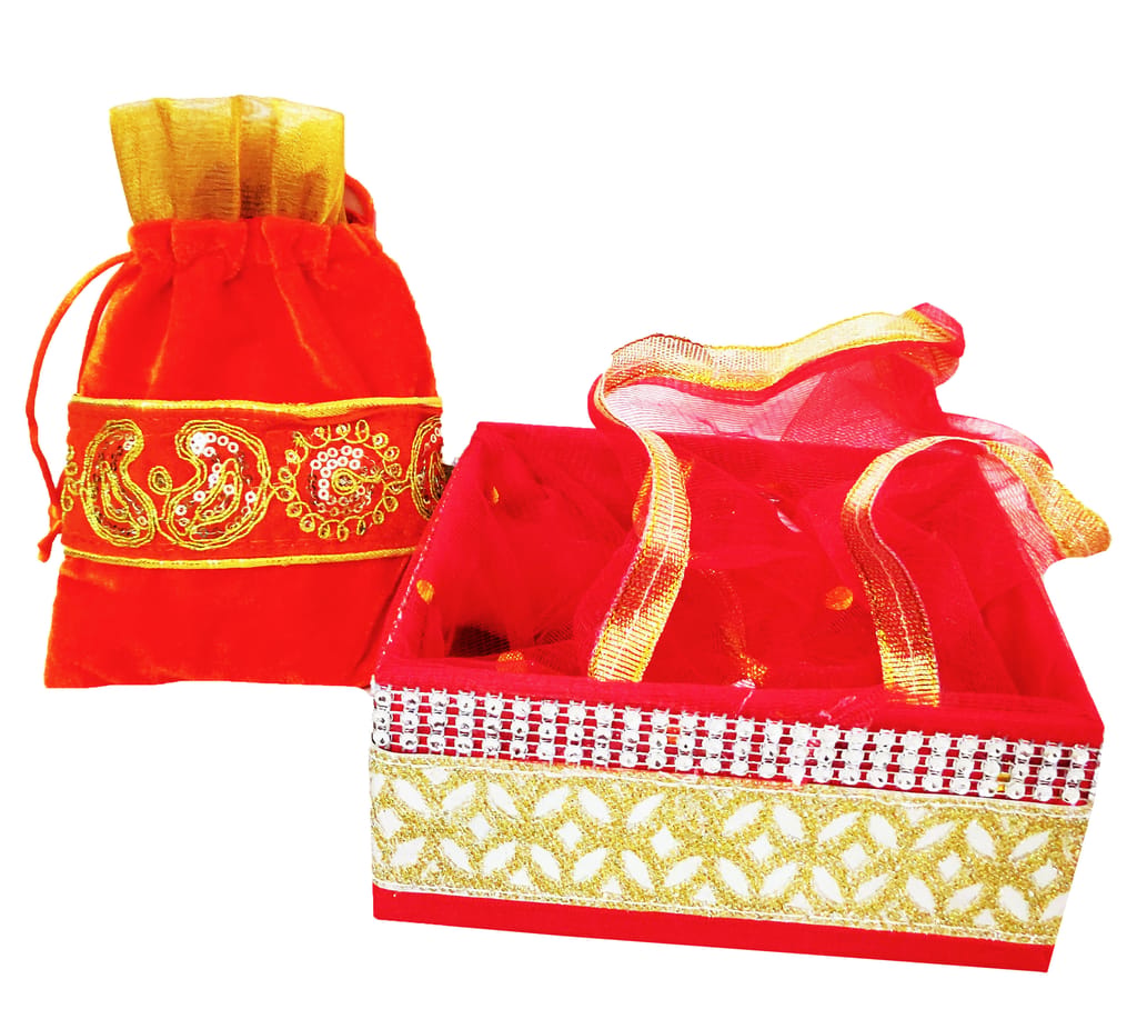Omkar by R3 Inc. Royal Gift Basket & Shagun Potli Combo pack for Gifts Hampers | Fancy Gifting | Wedding Gifting|Shagun|Return Gift (Pack of 2 / Standard) Shagun Potli & Square Basket - Multi Color view 2