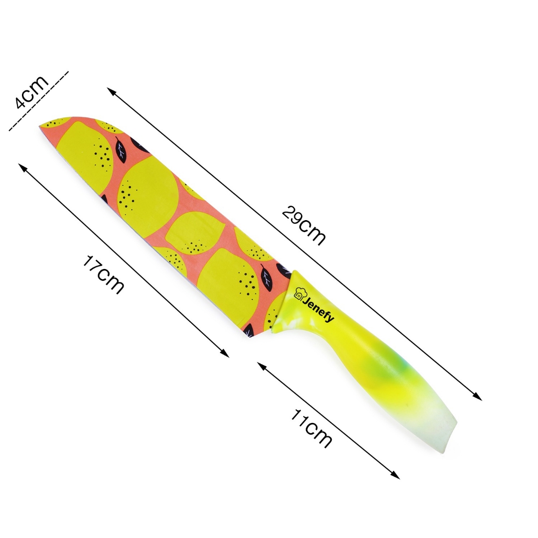 Jenefy Ultra Sharp Knife with print of protective sheath Chef Knife Japanese Santoku Knife with Nonstick coating NonSlip Ergonomic Handle & Blade Cover High carbon Stainless Steel Green & Yellow Combo view 2