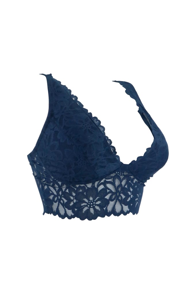 Sheluxe Women’s Floral Lace Longline Bralette with Deep V-Neck, Wire-Free Support, and Adjustable Straps for Everyday Comfort Dark Blue view 2