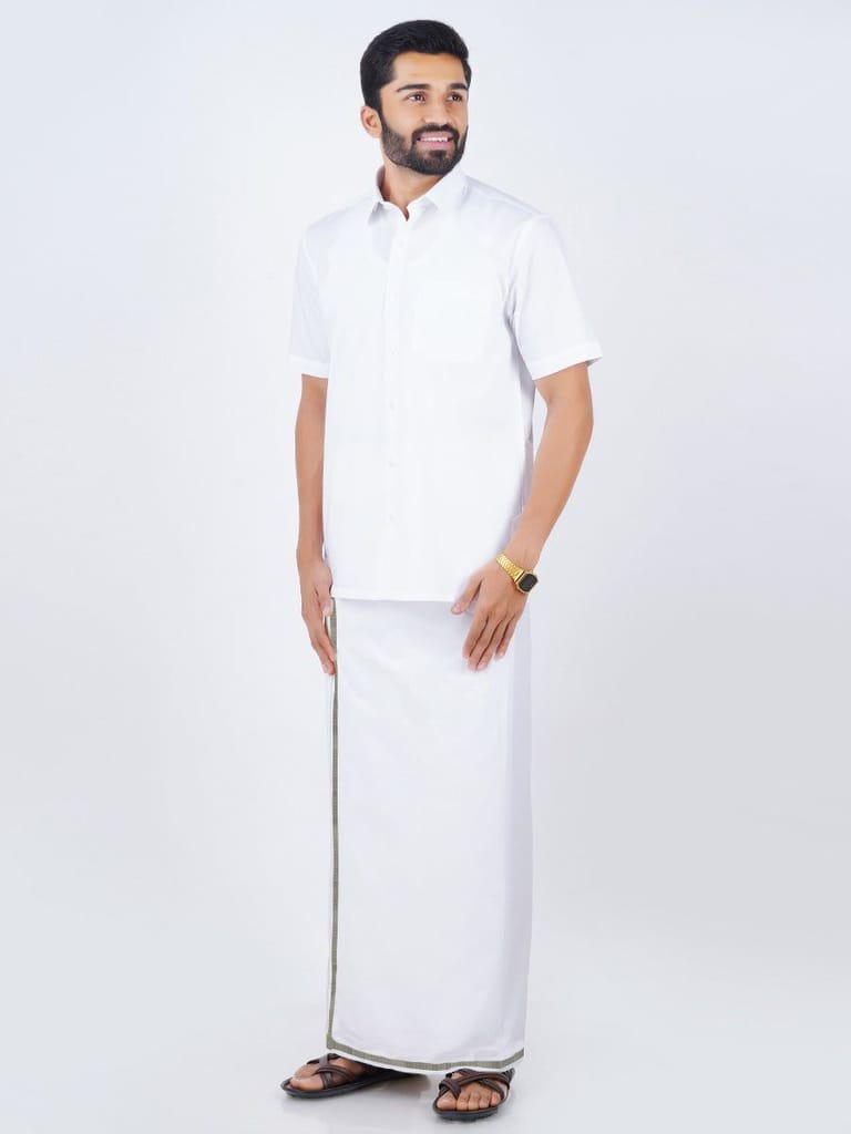 Mens Cotton White Shirt Bit with 1/2" Silver Jari Dhoti Combo Utsav view 2