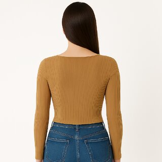 ATLIES Womens Ribbed Square Neck Long Sleeve Asymmetrical Hem Top view 2