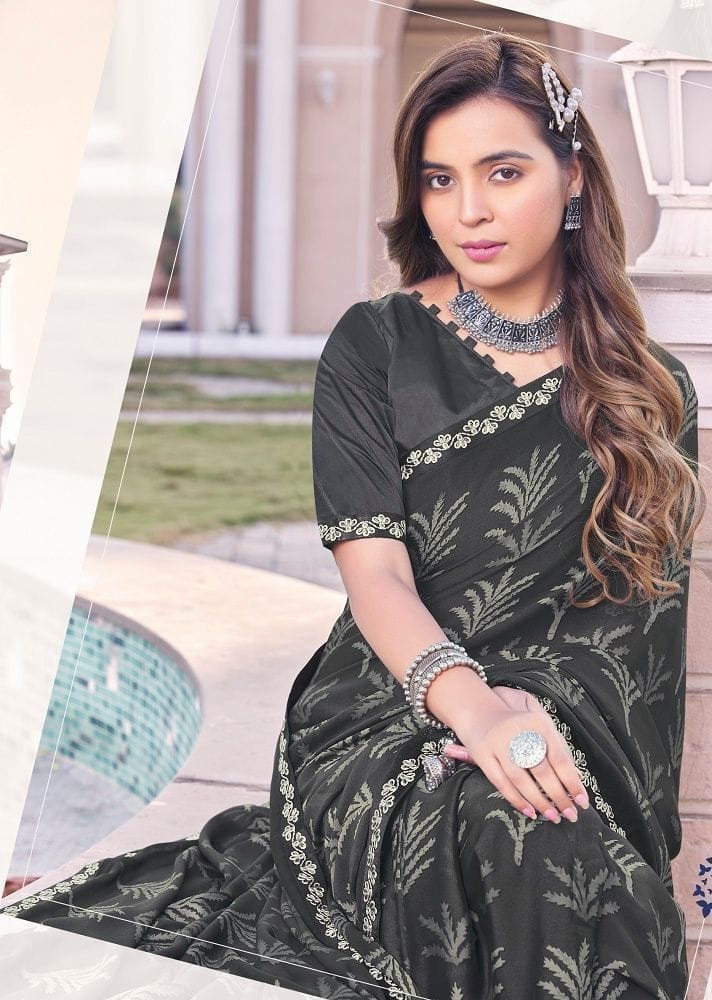 Digital Printed Georgette Saree in Black view 2