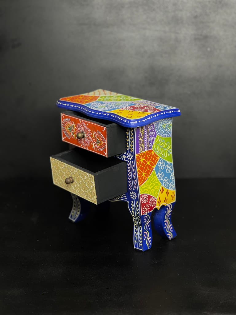SHAMBHU HANDICRAFTS SMALL 2 DRAWER BEDSIDE (FOR BARBIE DOLL AND LADDU GOPAL WEARS STORAGE / MULTIPURPOSE BEDSIDE ) | Chest of Drawer for Living Room | Traditional Side Table with Storage | Handpainted (Multicolor) view 2