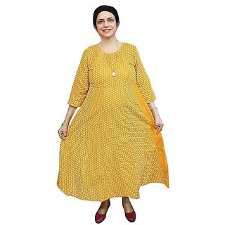 Prabha Apparels Women Printed Cotton A-line Anarkali Kurti (Mustard)