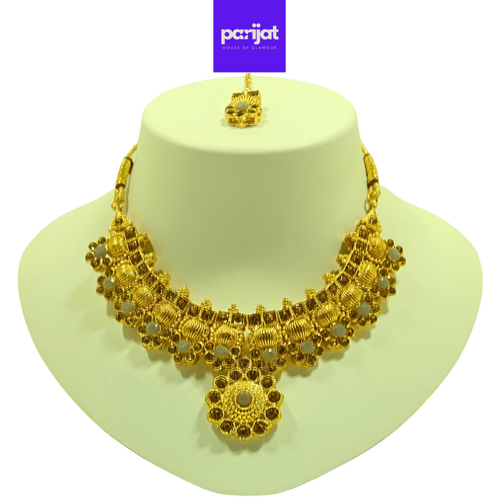 Parijat Elegant Luxury Handcrafted Gold Plated Necklace Jewellery Set with Earrings And Mangtika, Grey Stone view 2