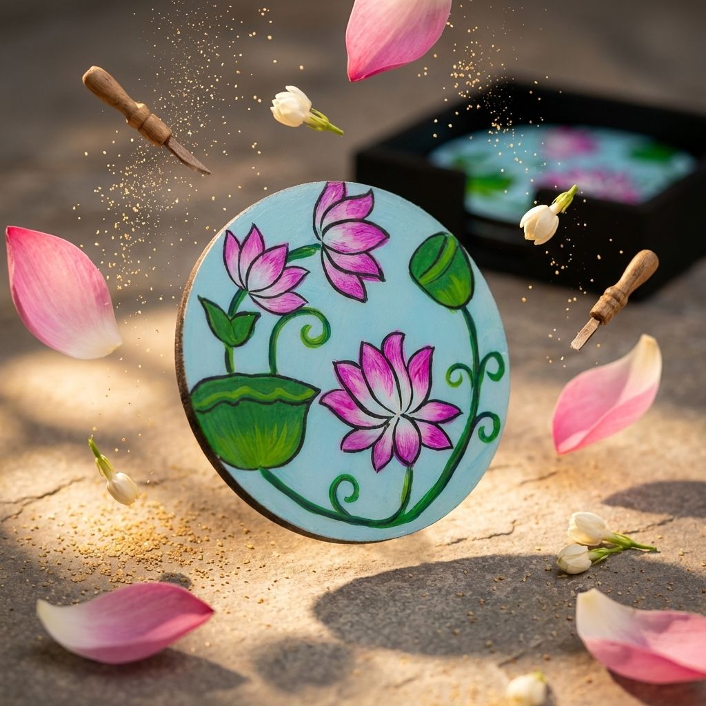 Hand Painted Wooden Double Lotus Pichwai Art Round Shape Sky Blue Color Set of 4 Coasters With Resin Layer view 2