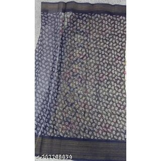 Dark Blue Colour Flower Printed Cotton Saree With Blouse Piece view 2