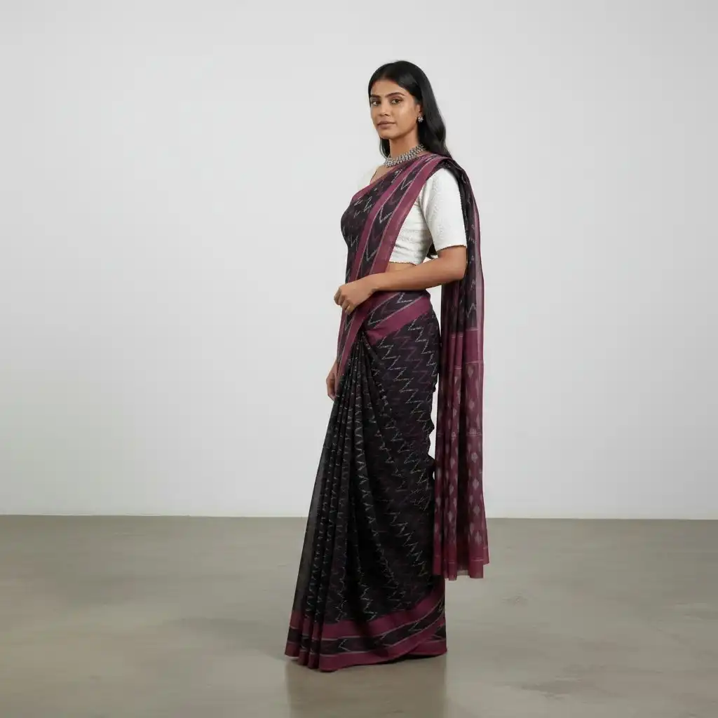 Magenta Pochampally Cotton Saree with Temple Border and Ikat Motifs view 2