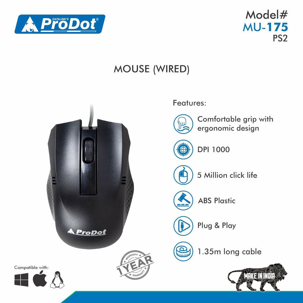 ProDot Universal MU 175 Optical PS/2 Wired Mouse with 3 Buttons, 1000 DPI Compatible with Windows, Mac & Linux (Colour: Solid Black), Pack of 2 view 2