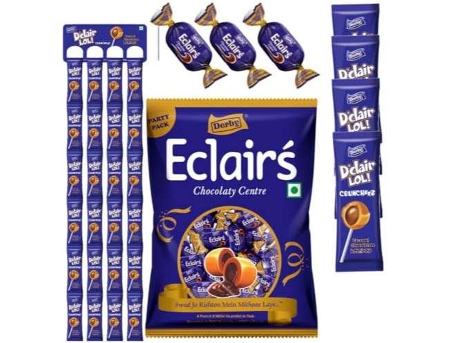 Derby Combo Pack Of 2, Dclair Lollipop Cruncheez, Caramel Lollipop Chocolatee Center - 48Pcs (504g) With Caramel Eclairs Pouch 100pcs (350g)