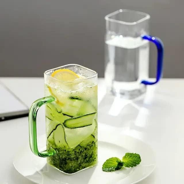Tumbler with Coloured Handle 400 ML Glass Coffee Mugs Square Glass Mug with Multi-Colour Handle and lid Water Bottle Sipper Cup for Office, Gym, Travelling, Home (Pack of 2) view 2