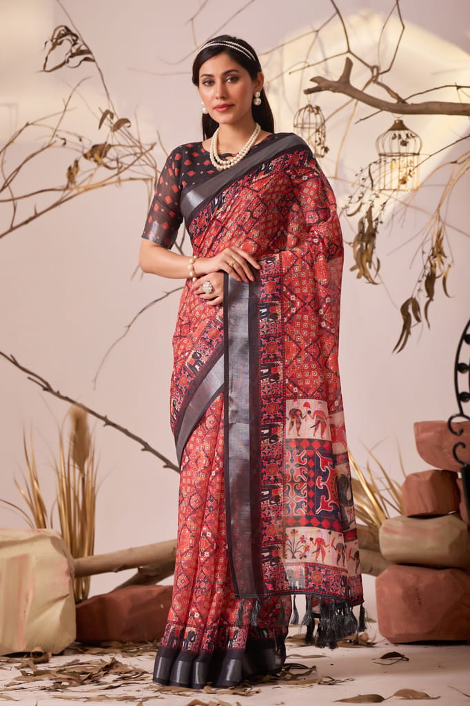 Elegant Red Printed Saree with Traditional Motifs view 2