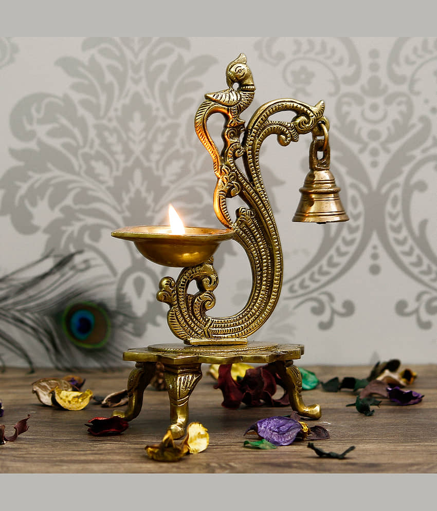 eCraftIndia Yellow Showpieces Antique Finish Parrot Showpiece Diya with Bell view 2
