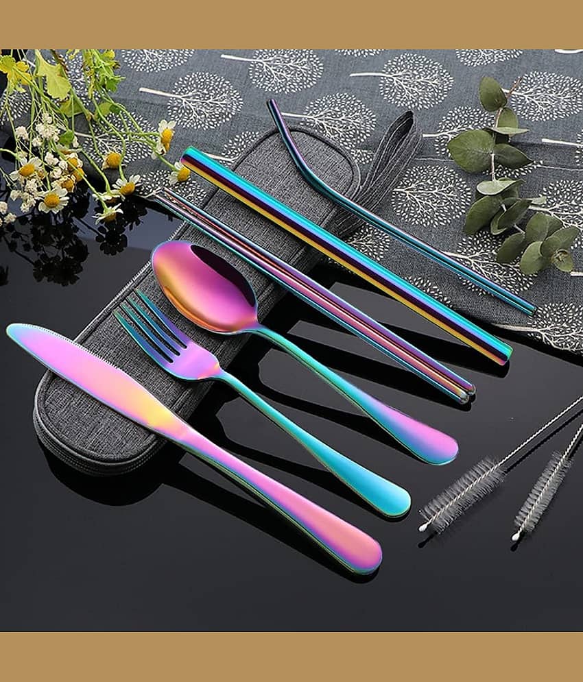 Rainbow Portable Utensils Set,Reusable Travel Silverware Dinnerware Cutlery Set with Case Stainless Steel Flatware Set for Camping 8pcs Including Dinner Knife Fork Spoon Chopsticks Boba Straw view 2